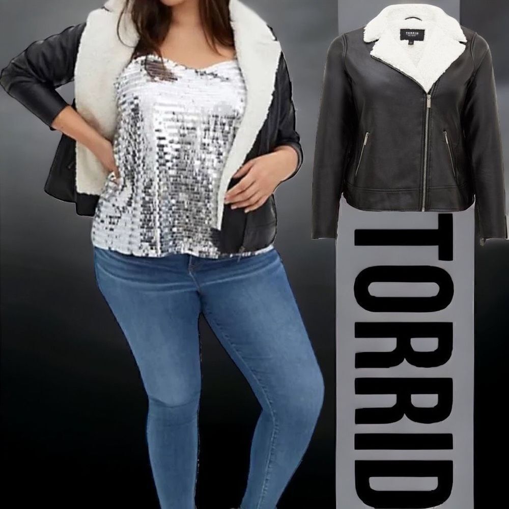 TORRID Faux Leather Sherpa Line Moto Jacket NEW Women’s sz 1 Black